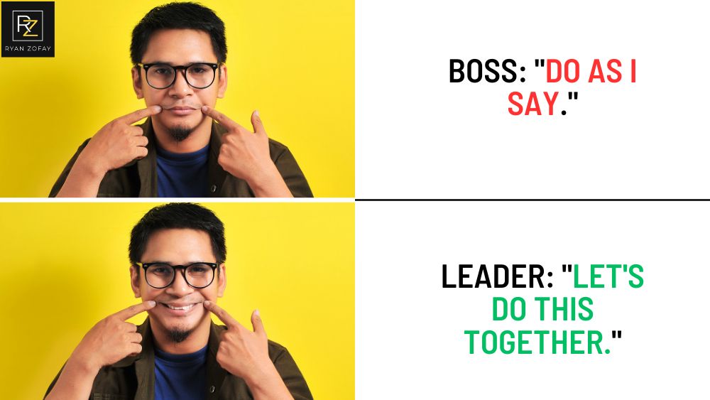 According to Ryan's leader vs boss quotes, the boss and leader difference is about inspiring and influencing as a leader vs. focusing on authority and control as a boss. This concise yet powerful boss v leader quote underscores the essence of effective leadership, highlighting the importance of motivating others and fostering collaboration over mere directive enforcement.