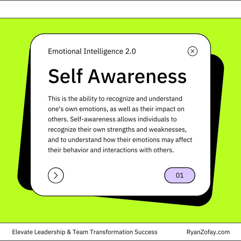 Emotional intelligence 2.0 Travis Bradberry book​ EI principle #1: Self-awareness - Understanding your own emotions and recognizing their impact on thoughts and behavior.