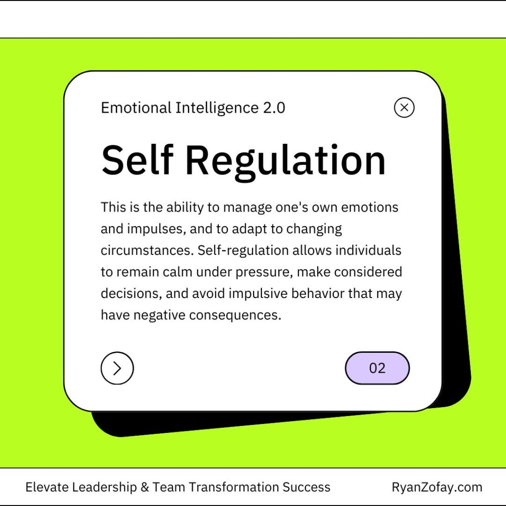 Emotional intelligence 2.0 Travis Bradberry ​Book EI principle #2: Self-Management - Managing emotions effectively and responding to situations with thoughtfulness vs. impulsiveness.