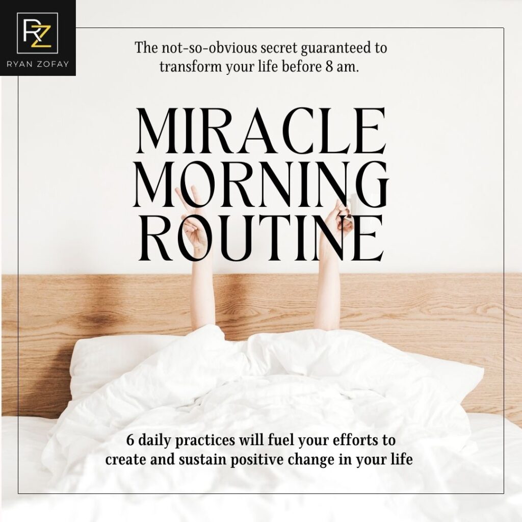 Practice the Miracle morning routine​ with 6 steps for success. Create a morning routine checklist with 5 minute morning meditation, daily positive affirmations for work, journaling, and reading self help books PDFs.