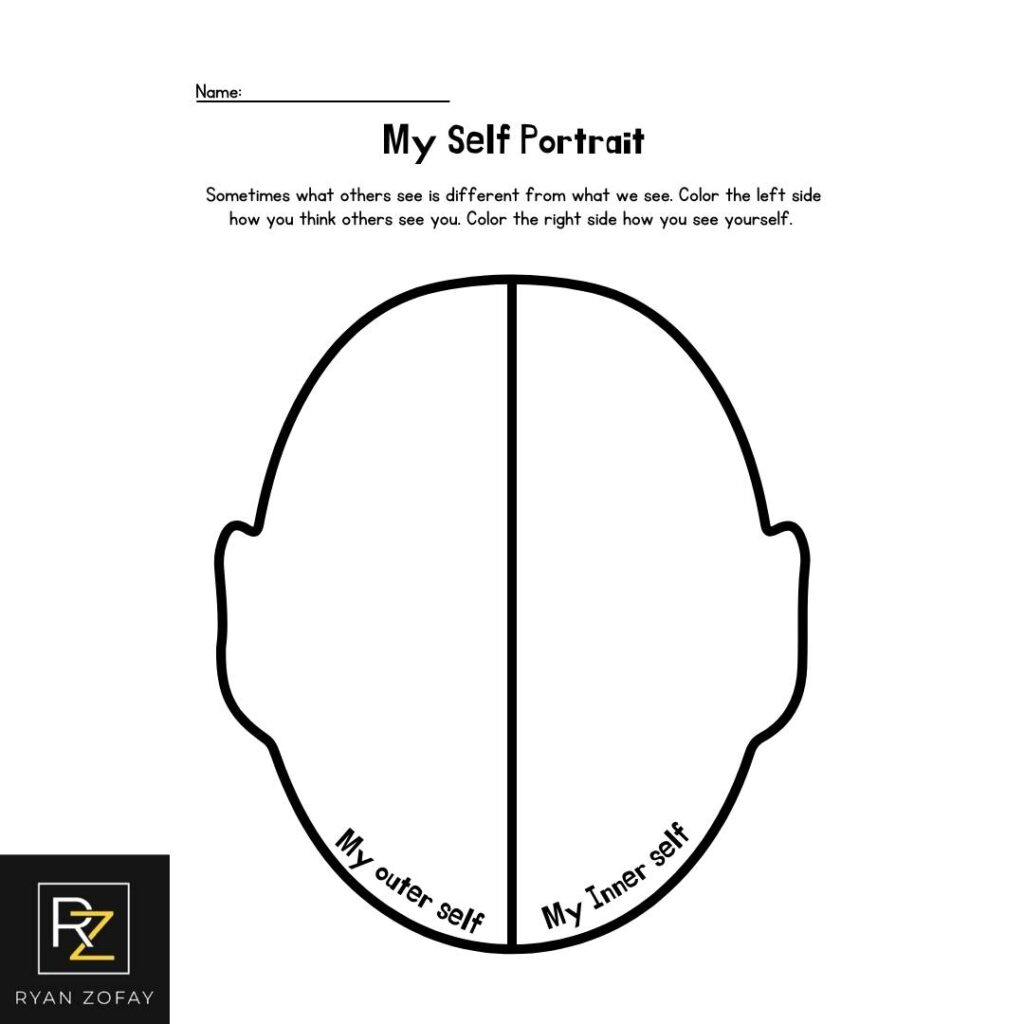 Self esteem art therapy worksheets​ pertain to a self portrait with symbols or colors the user can add.