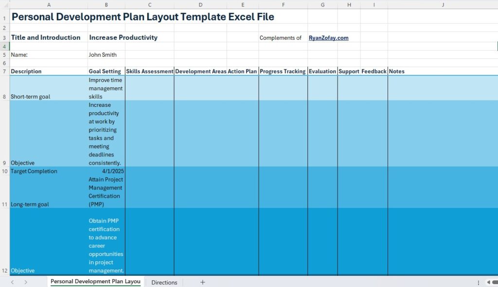 This free personal development plan layout template excel file download is complements of RyanZofay.com. Kindly provide attribution to us when using this spreadsheet.