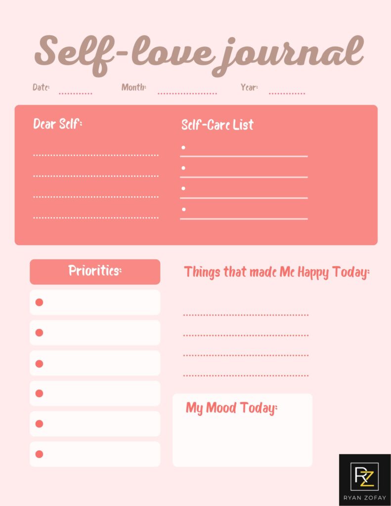 Print this complementary self love journal printable template with journal prompts for self care ​ to shift your mindset for healing & growth.